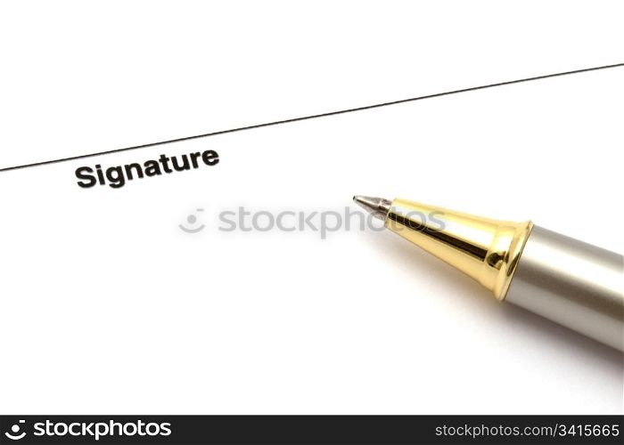 Pen isolated on a blank signature paper