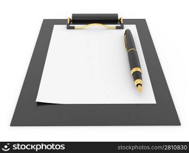 Pen on clipboard. Empty sheet of paper. 3d