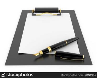 Pen on clipboard. Empty sheet of paper. 3d