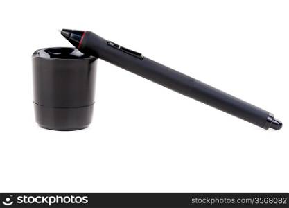 pen on the tablet on a stand in the studio on a white background