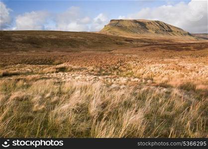 Pen-y-Ghent seen from Pennine Way over moor land in Yorkshire Dales National Park