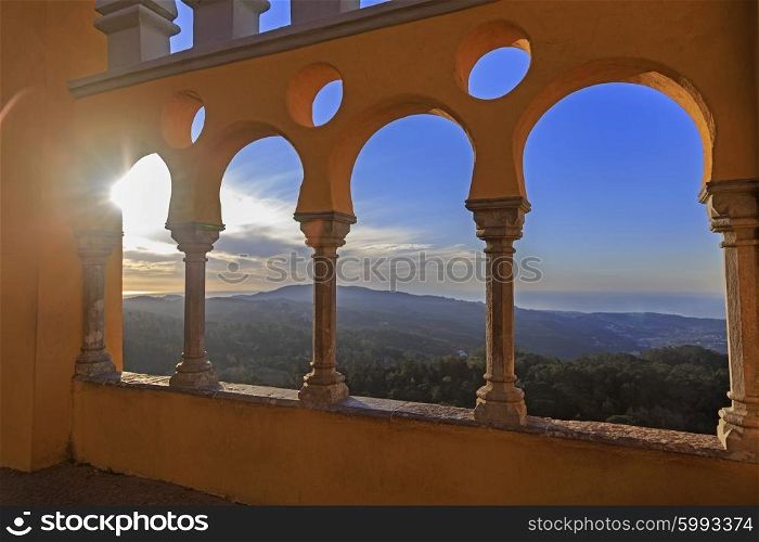 Pena castle yellow arch at sunset in Sintra, Portugal&#xA;