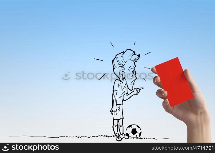 Penalty card. Caricature of football player and human hand showing red card