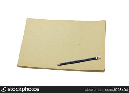 Pencil and old blank sketch book isolated on white background