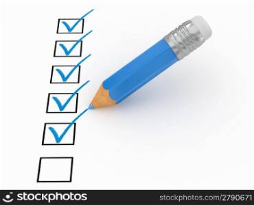 Pencil and questionnaire on white isolated background. 3d