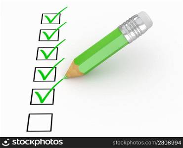 Pencil and questionnaire on white isolated background. 3d