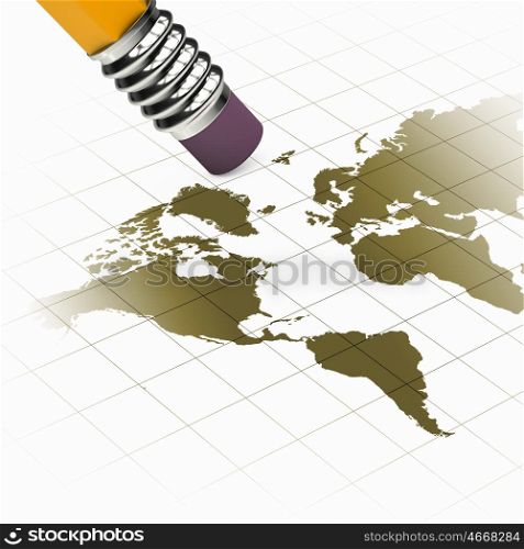 Pencil drawing. Close up image of world map and pencil with rubber