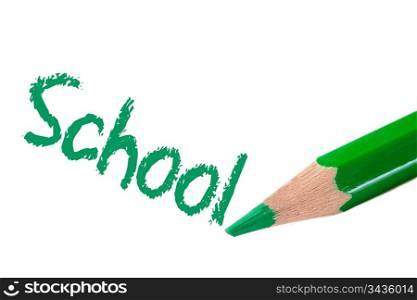 Pencil green writing the word school on a white background