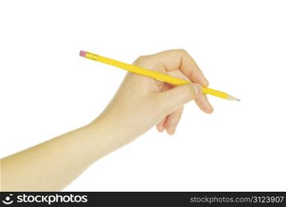 Pencil in woman hand isolated on white background