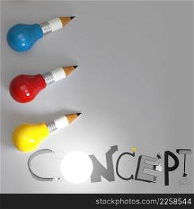 pencil lightbulb 3d and design word CONCEPT as concept