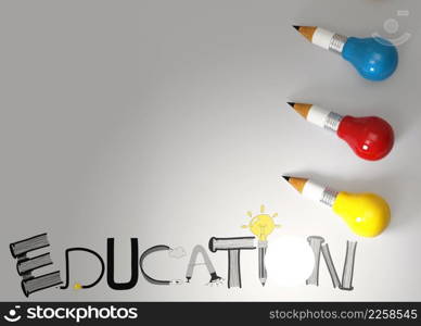 pencil lightbulb 3d and design word EDUCATION as concept