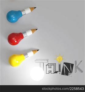 pencil lightbulb 3d and design word THINK as concept