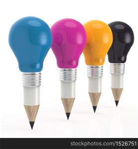 pencil lightbulb head in cmyk color as creative design concept