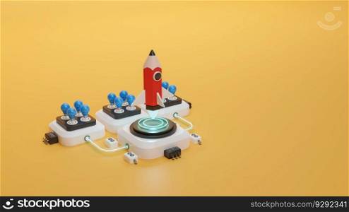 Pencil rocket launch by creative idea, mission to the moon, 3d illustration