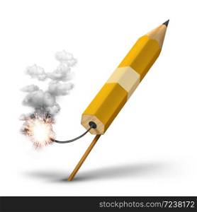 Pencil rocket ready for takeoff, creative writing concept. Green splash