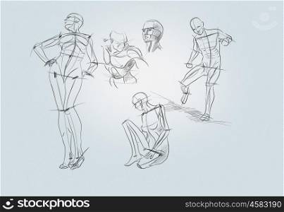 Pencil sketches. Sketch of human body on white background