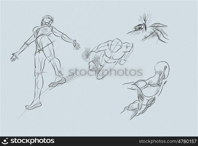 Pencil sketches. Sketch of human body on white background