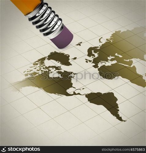 Pencil with rubber. Pencil with rubber erasing illustration of world map