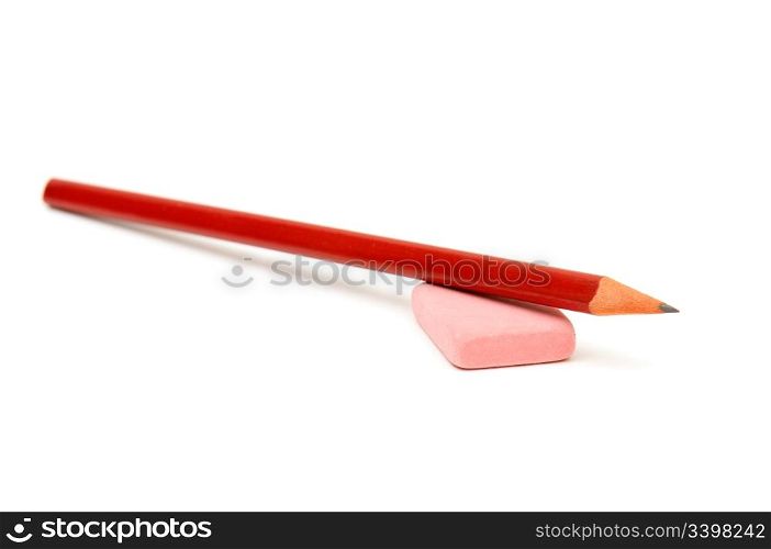 Pencils and eraser on a white background