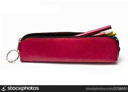 Pencils and pencil case isolated on white background