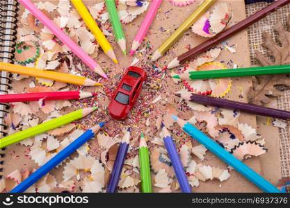 Pencils and toy car as a transportation devices