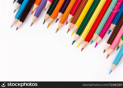 Pencils colorful set, wooden colored pencils isolated on white background, copy space
