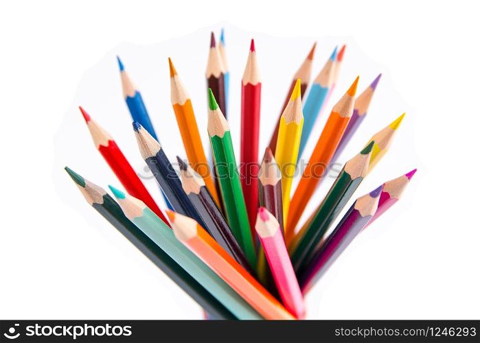 Pencils colorful set, wooden colored pencils isolated on white background top view