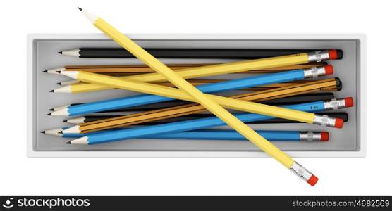pencils in a box isolated on white background. 3d illustration