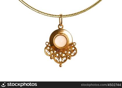 Pendant on golden chain isolated on the white