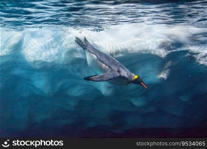 Penguin diving under ice, underwater photography .. Penguin diving under ice, underwater photography.