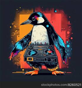 Penguin dj, disc jockey in playing music on turntable on stage deejay audio equipment. Generative AI. Not based on any actual scene. Penguin dj on party Generative AI. Not based on any actual scene