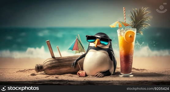 penguin is on summer vacation at seaside resort and relaxing on summer beach