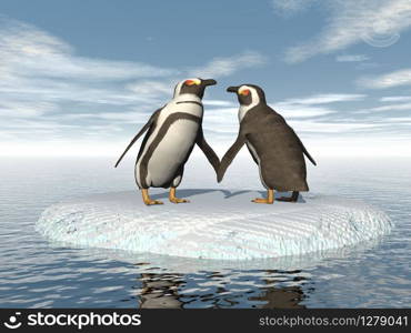 Penguins couple in the pole - 3D render. Penguins couple - 3D render