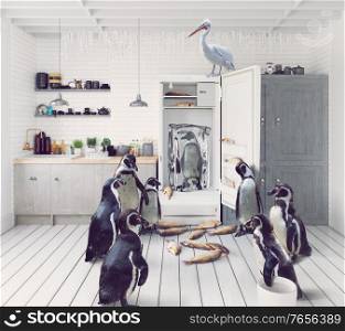 penguins find their surprise in the fridge. Photo and 3d mix creative concept