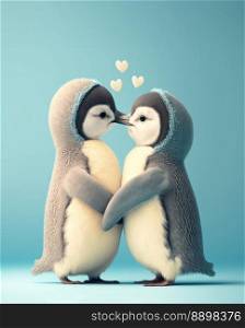 Penguins in love. Cute lovers on blue background. Generative AI 