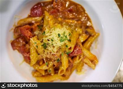 Penne pasta with tomato sauce ,selective focus . Penne pasta with tomato sauce