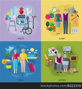 Pensioners Life Concept Icons Set . Pensioners life concept icons set with health hobby travel and pastime symbols flat isolated vector illustration