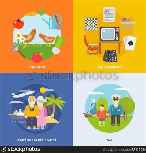 Pensioners life design concept set with retirement entertainment and travel flat icons isolated vector illustration. Pensioners Life Flat