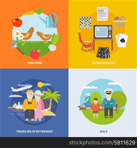 Pensioners life design concept set with retirement entertainment and travel flat icons isolated vector illustration. Pensioners Life Flat