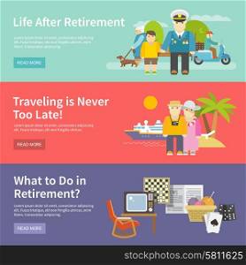 Pensioners life horizontal banner set with retirement enetertainment flat elements isolated vector illustration. Pensioners Life Banner Set