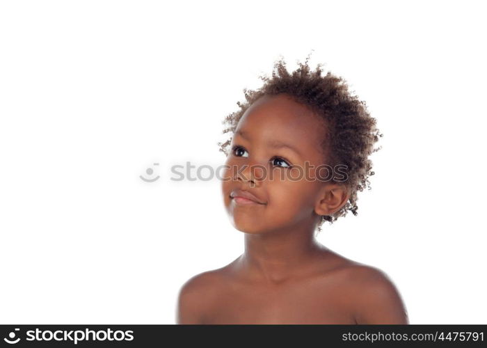 Pensive African child looking up isolated on white background