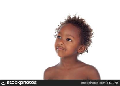 Pensive African child looking up isolated on white background