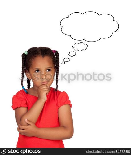Pensive african little girl isolated on a over white