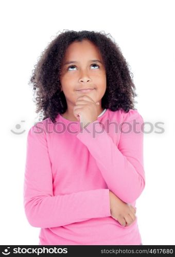 Pensive african little girl sitting on the floor isolated on white background