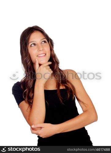 Pensive attractive girl in black isolated on a white background