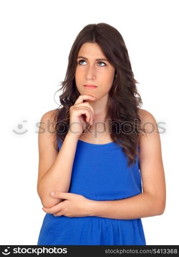 Pensive attractive girl isolated on a over white background