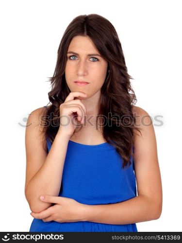 Pensive attractive girl isolated on a over white background