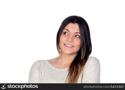 Pensive attractive girl isolated on white background