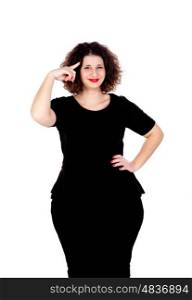 Pensive beautiful curvy girl with black dress isolated on a white background