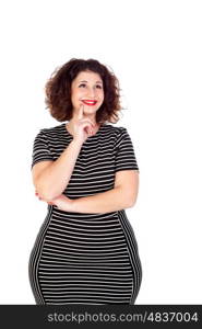 Pensive beautiful curvy girl with striped dress isolated on a white background